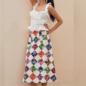 Anthropologie Tiny Carleen Patchwork Quilt Pattern Midi Skirt NWT SIZE XS